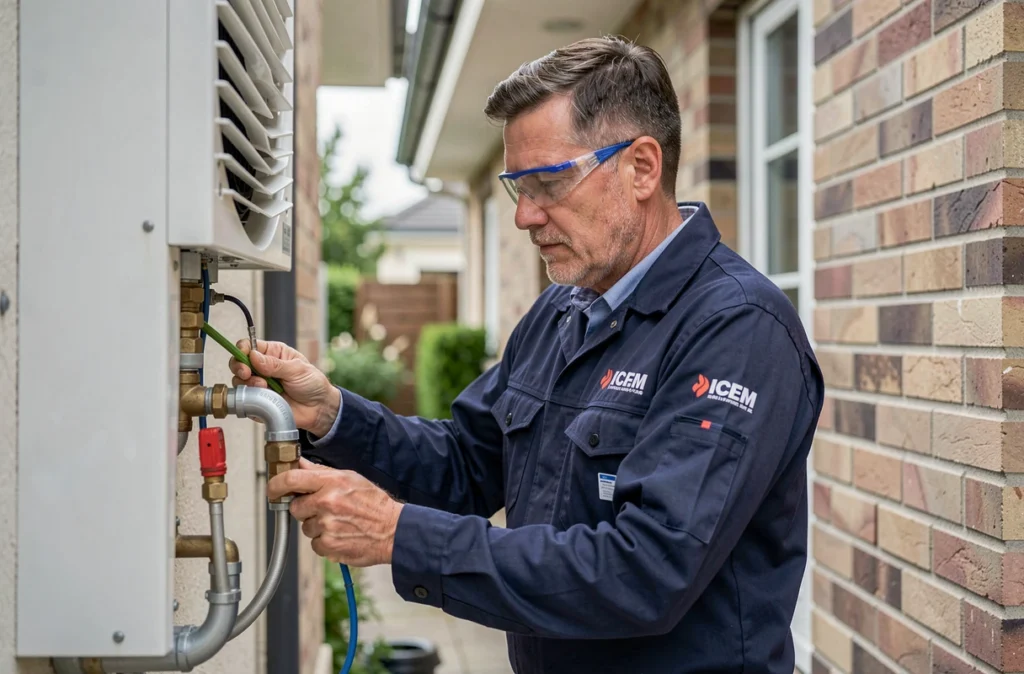 Technicien ICEM Rénovation installant une pompe à chaleur sur la façade d'une maison en banlieue parisienne
