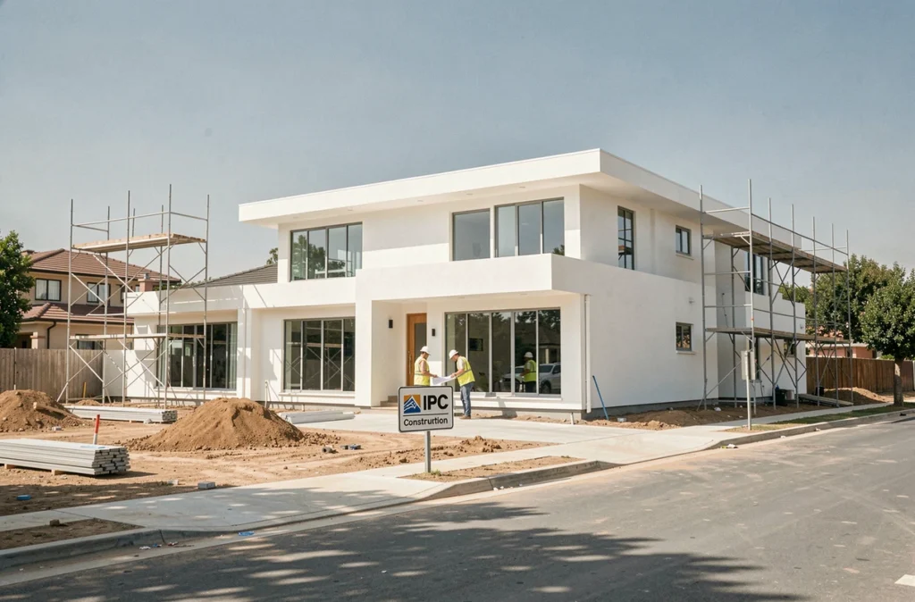 Chantier d'une maison contemporaine IGC Construction avec panneau de l'entreprise et ouvriers au premier plan