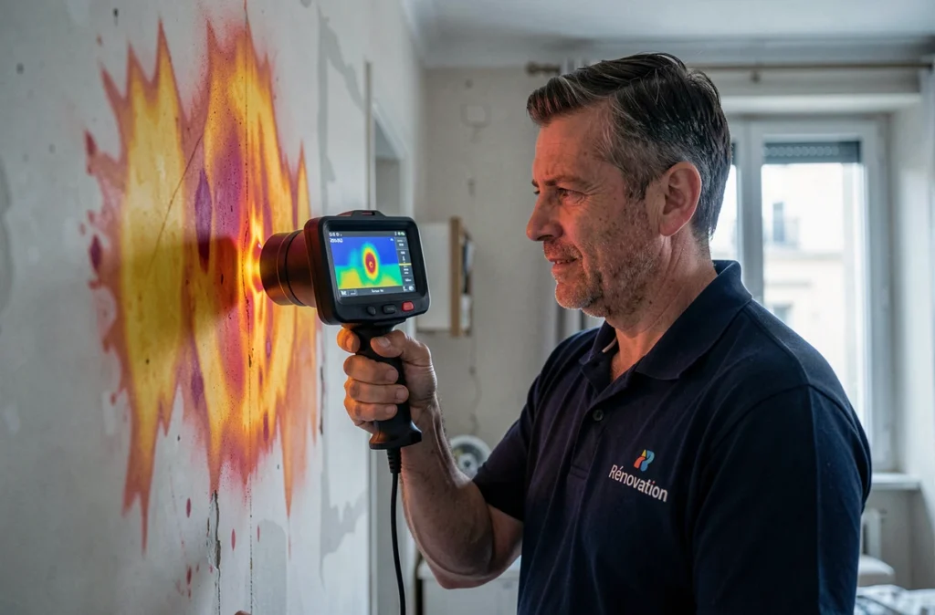 Auditeur énergétique de JPG Rénovation utilisant une caméra thermique pour détecter les déperditions de chaleur dans un appartement parisien