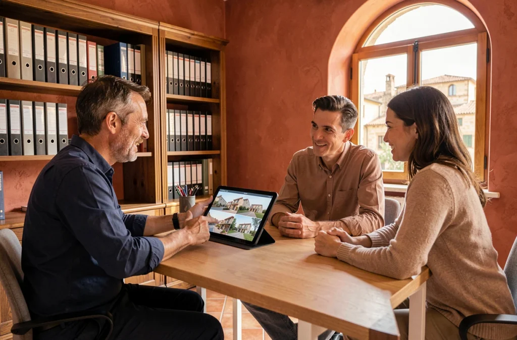 Conseiller Laforêt Arles consultant une tablette avec des clients pour une location