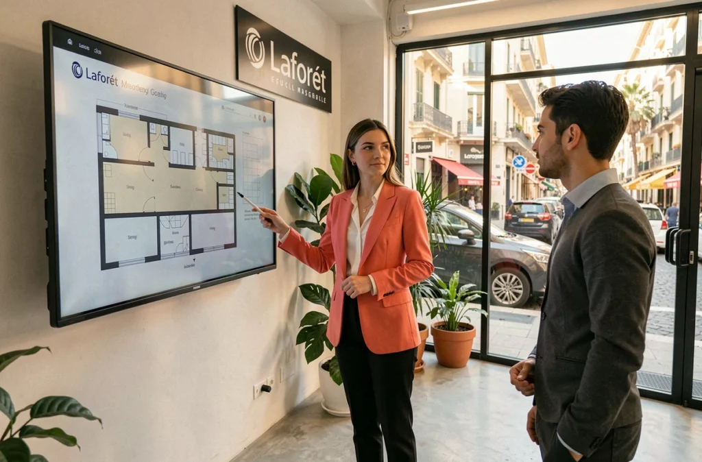 Agente Laforêt Marseille présentant des plans d'appartements à un client dans l'agence