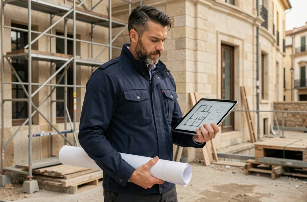 Romain Dillemann de LLOAP architecte sur un chantier marseillais avec plans et tablette numérique