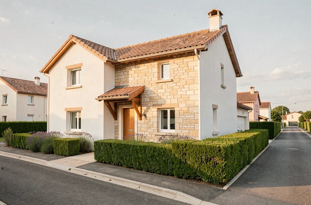 Maison individuelle de style aquitain construite par Maisons Aquitaine Construction dans une rue résidentielle des Pyrénées-Atlantiques