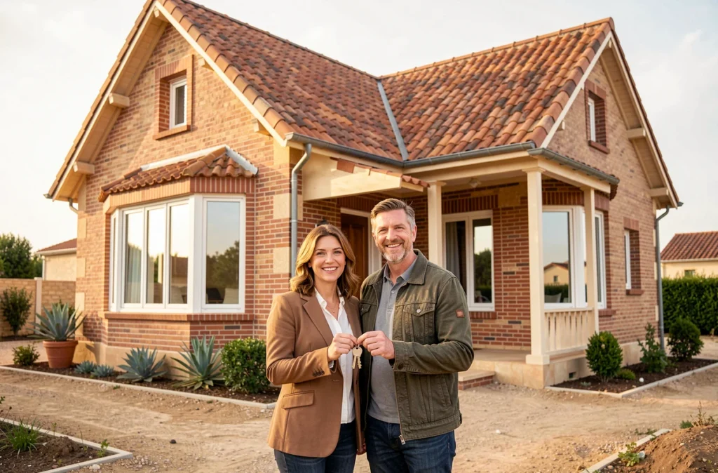 Couple devant leur maison neuve Babeau Seguin avec façade classique en briques et toit en tuiles dans le Sud-Ouest