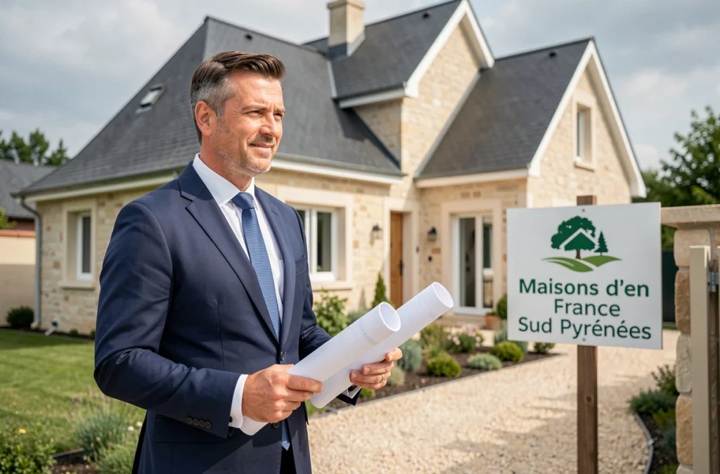 Architecte devant une maison construite par Maisons d'en France Sud Pyrénées avec panneau de chantier visible
