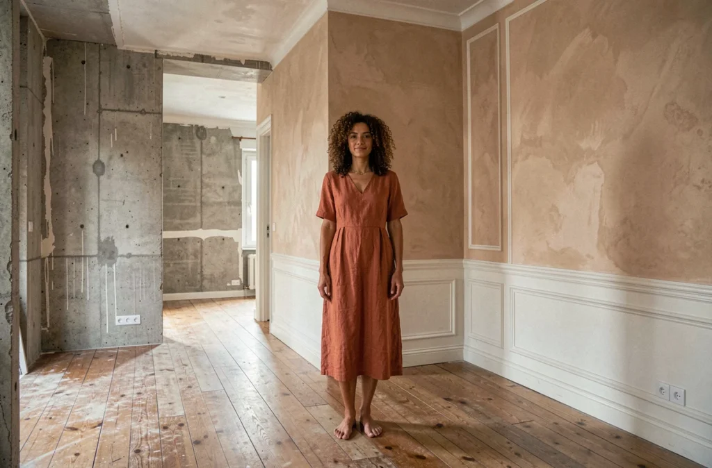 Clara Ajmar de MRC architecte dans un appartement marseillais en cours de rénovation aux murs en béton brut