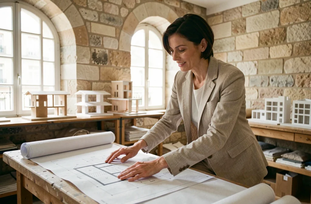Nathalie Vingot Mei architecte examinant des plans d'architecture dans un studio marseillais aux murs en pierre
