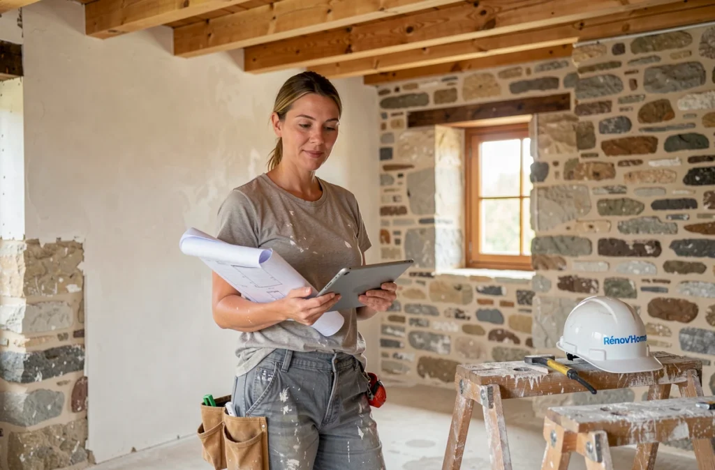 Professionnelle de Rénov'Home supervisant la rénovation intérieure d'une maison en pierre traditionnelle béarnaise