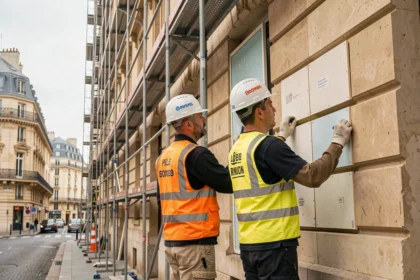Équipe de professionnels en rénovation énergétique travaillant sur la façade d'un immeuble haussmannien en Île-de-France