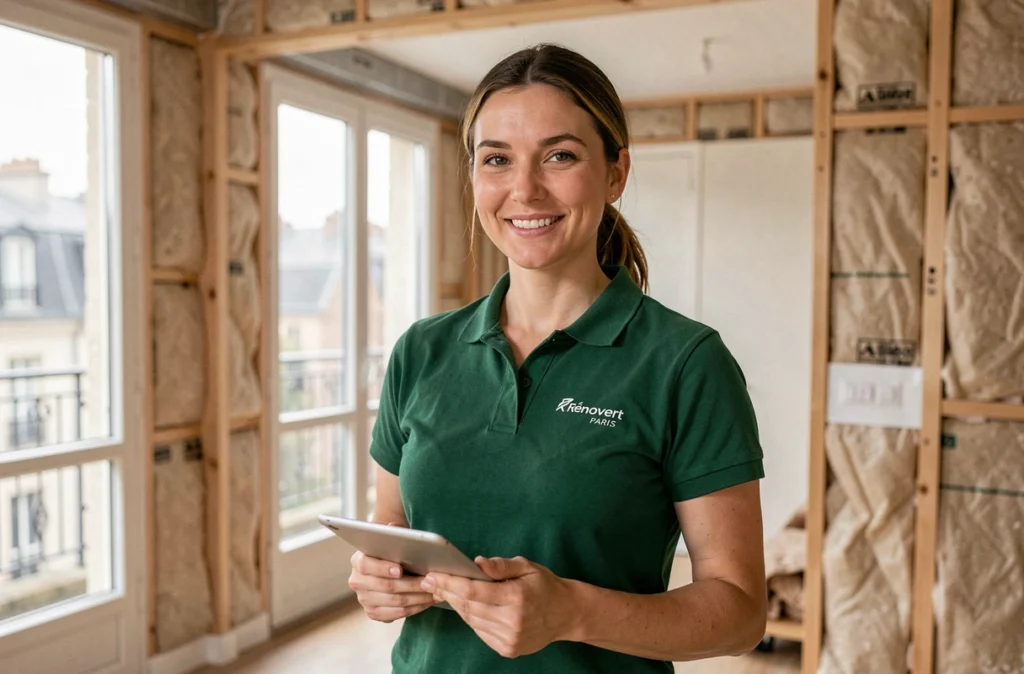 Conseillère de Rénovert Paris en visite dans un appartement parisien rénové avec des matériaux écologiques
