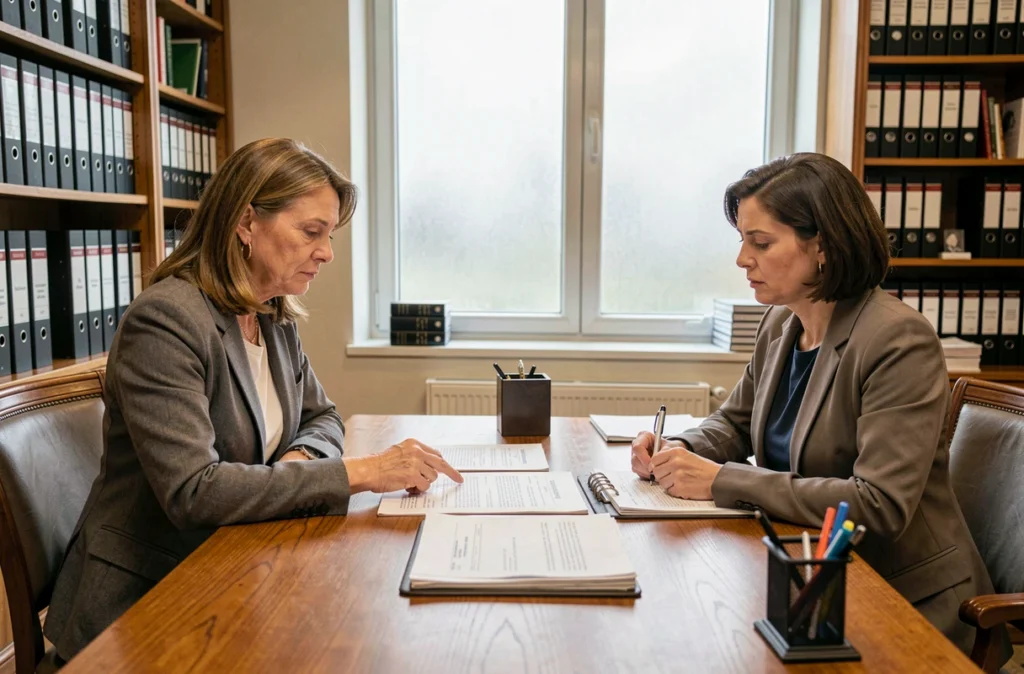 Deux femmes discutant d'actes de donation de terrain chez un notaire