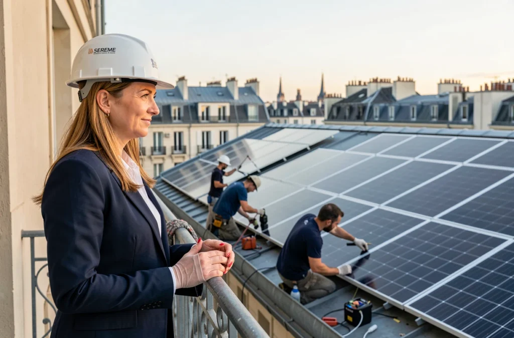 Coordinatrice de projet Sereme supervisant l'installation de panneaux solaires sur un immeuble résidentiel parisien