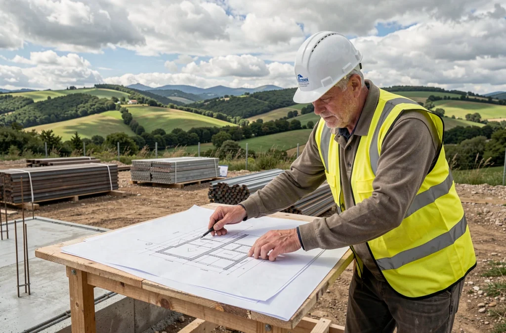 Chef de chantier Socoren consultant des plans sur un chantier de maison individuelle dans les Pyrénées-Atlantiques