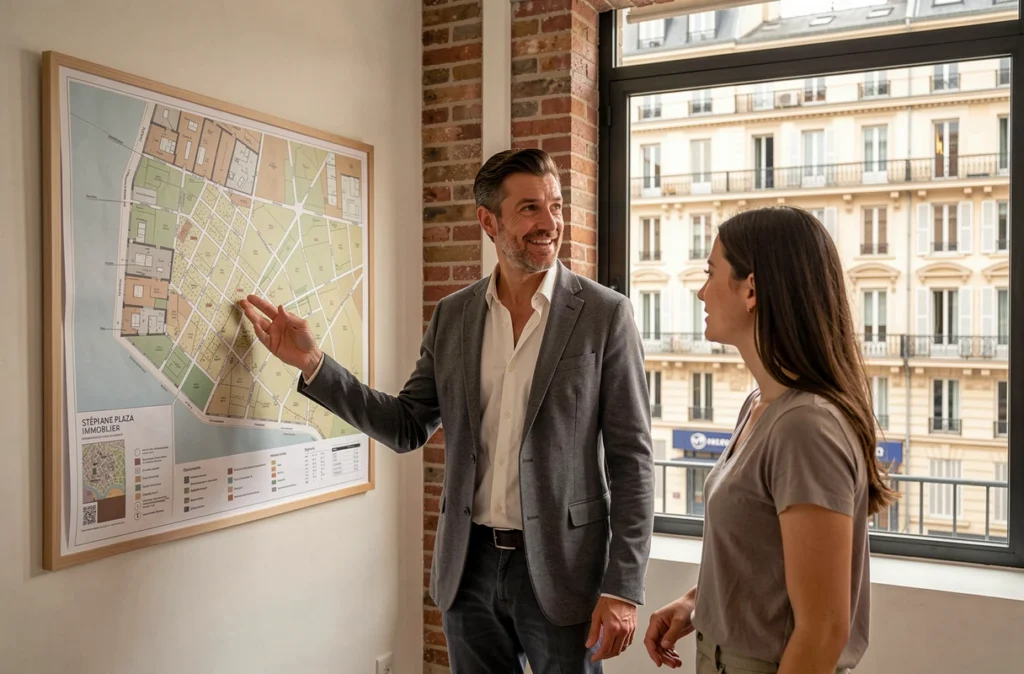 Agent Stéphane Plaza Immobilier Marseille 6e présentant une carte des biens à des clients
