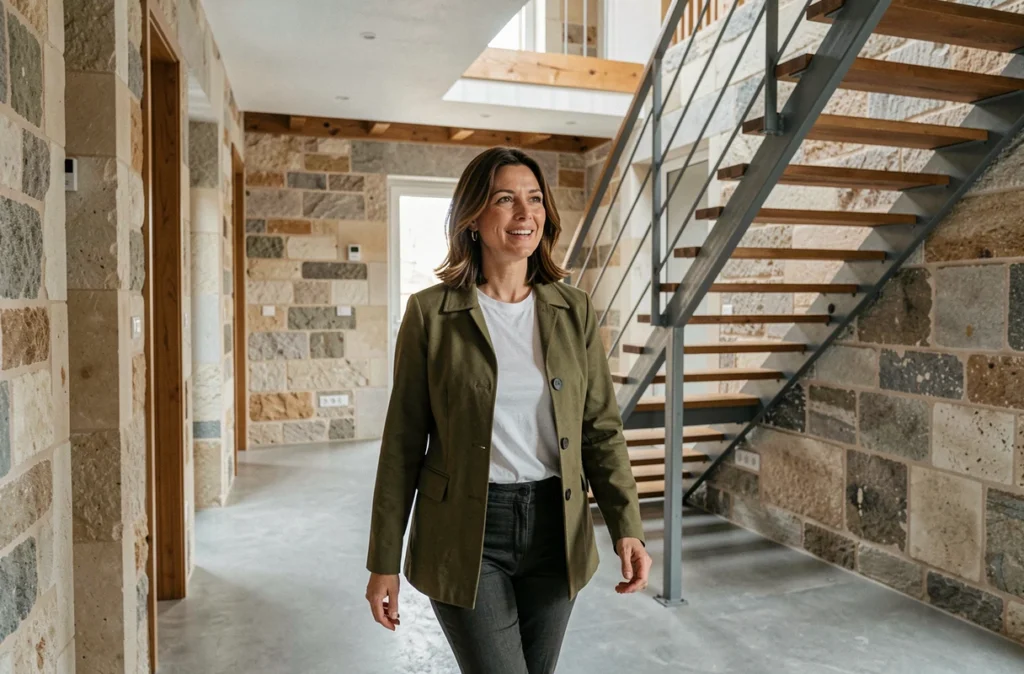 Vickie Rivoal architecte traversant un couloir rénové d'une maison de ville marseillaise mêlant pierre et béton ciré