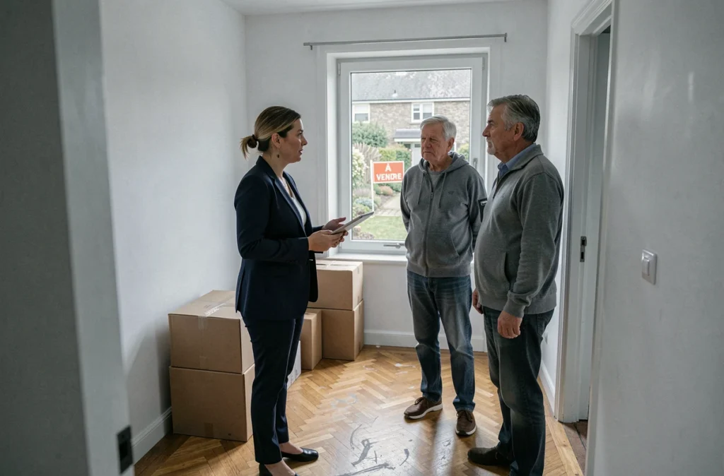 Agent immobilier présentant une maison vide à vendre à un couple en divorce dans un pavillon de Quimper, Finistère