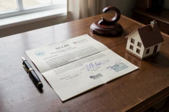 Bureau de notaire avec acte de vente signé et maquette de maison
