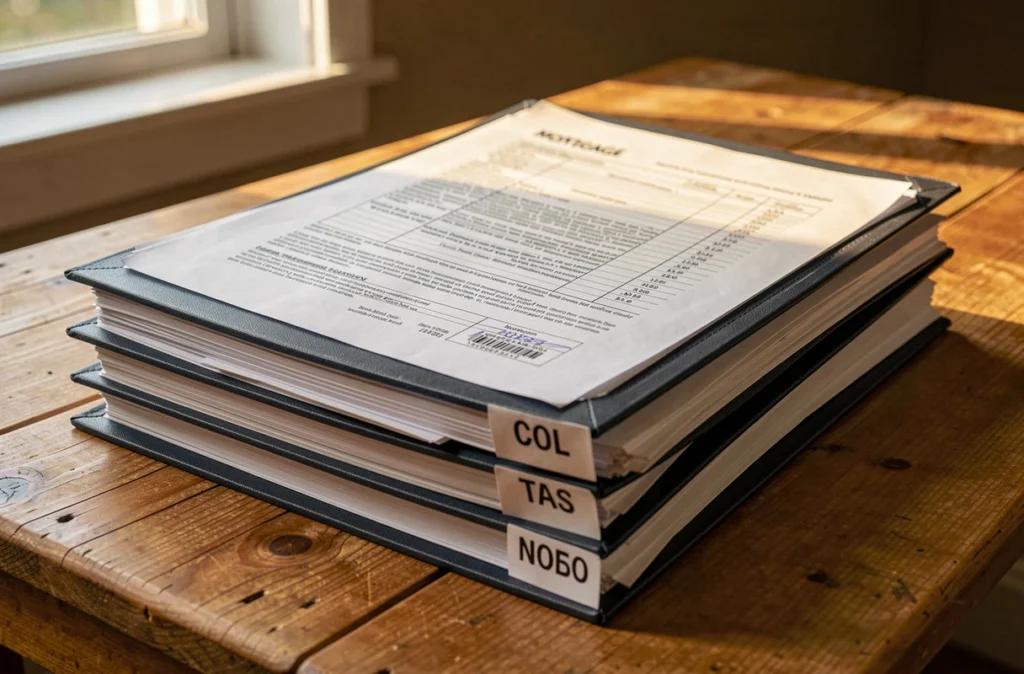 Dossiers de créances classés sur une table avant la signature de la vente