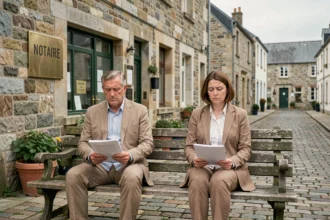 Couple en instance de divorce assis devant une étude notariale en Bretagne, tenant des documents pour une vente immobilière urgente