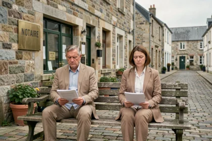 Couple en instance de divorce assis devant une étude notariale en Bretagne, tenant des documents pour une vente immobilière urgente